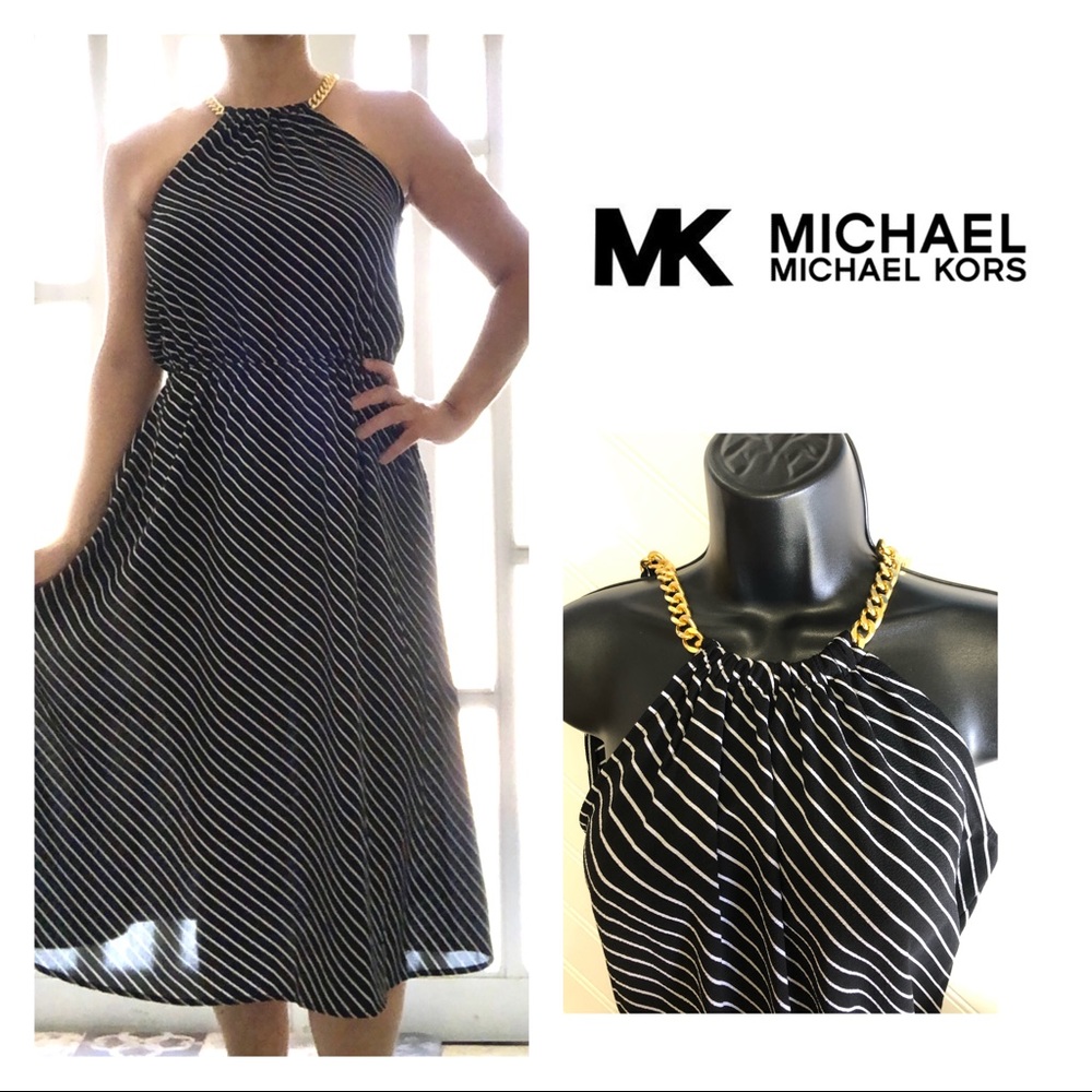MICHAEL Michael Kors Black and White Striped Midi Dress
